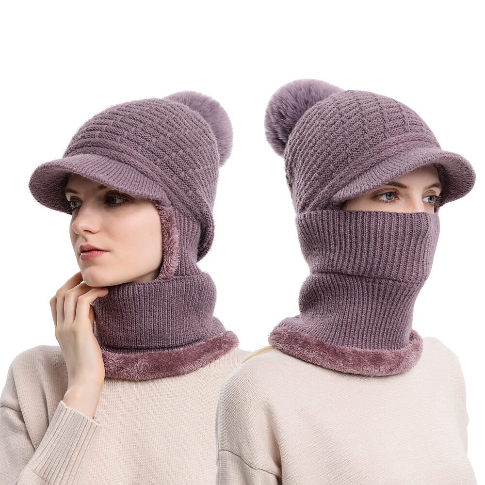 9855 Fleece Lined Beanie Knit Hat,Winter Scarf Mask Set ,Girls Snow Caps